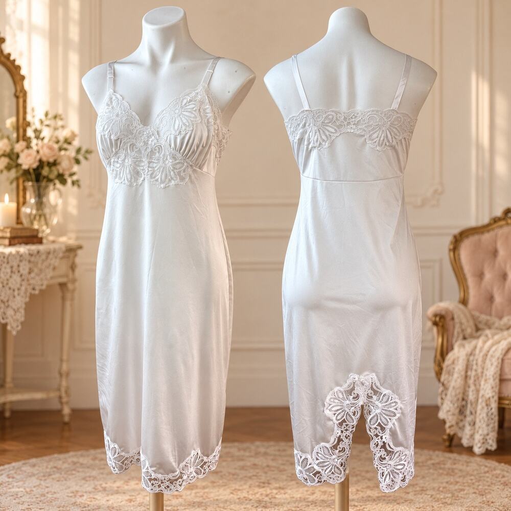 Vintage Shadowline White Nylon Slip 1970s Sweetheart Lace Back Cutout Size 36